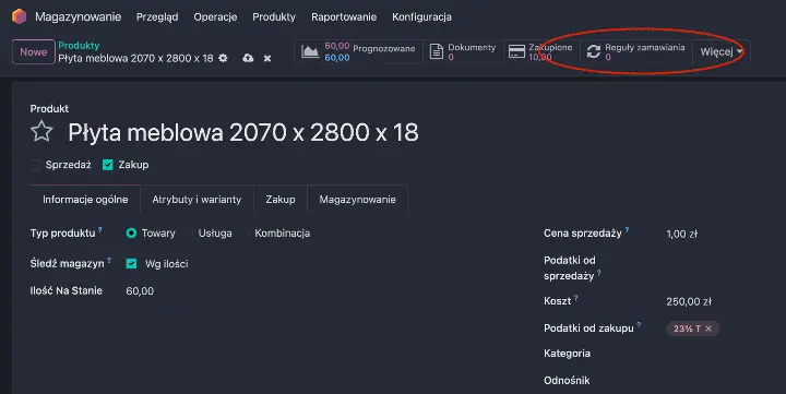 Product form view with the link to reordering rule configuration highlighted in red
