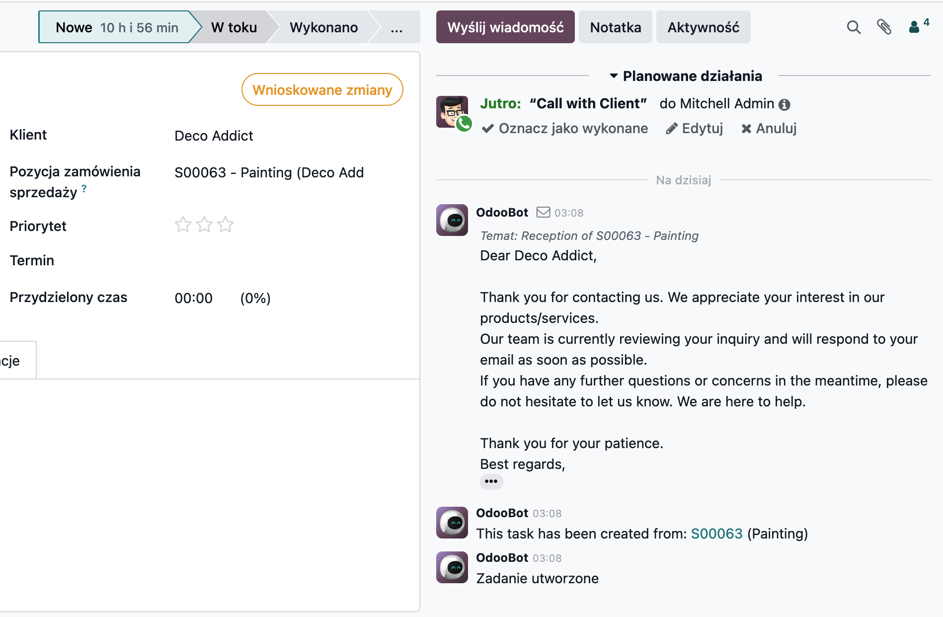 Example of Chatter in Odoo - the panel on the right side of the document.