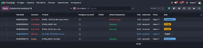 Manufacturing order preview in an Odoo-based production management system (MES) – list view showing date, status, and component availability.