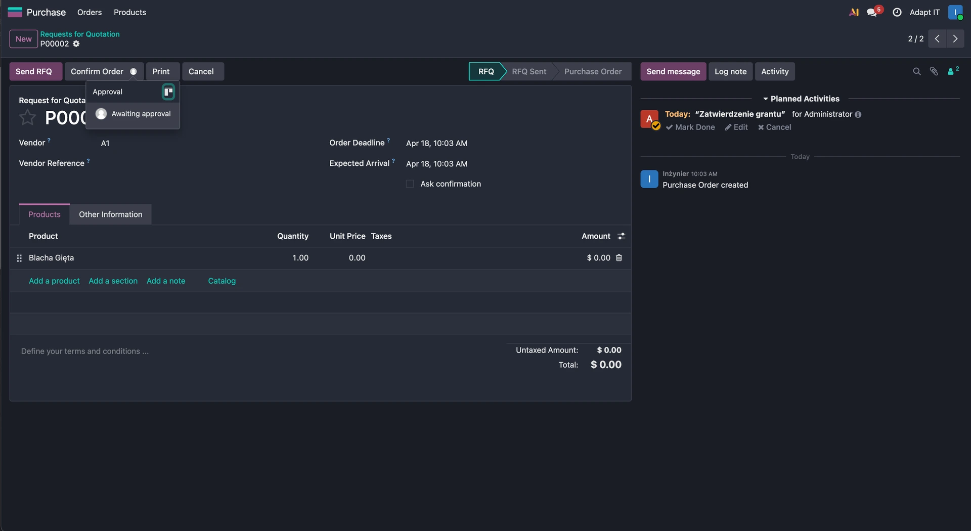 View of the PO form after configuring an Approval on the button's action