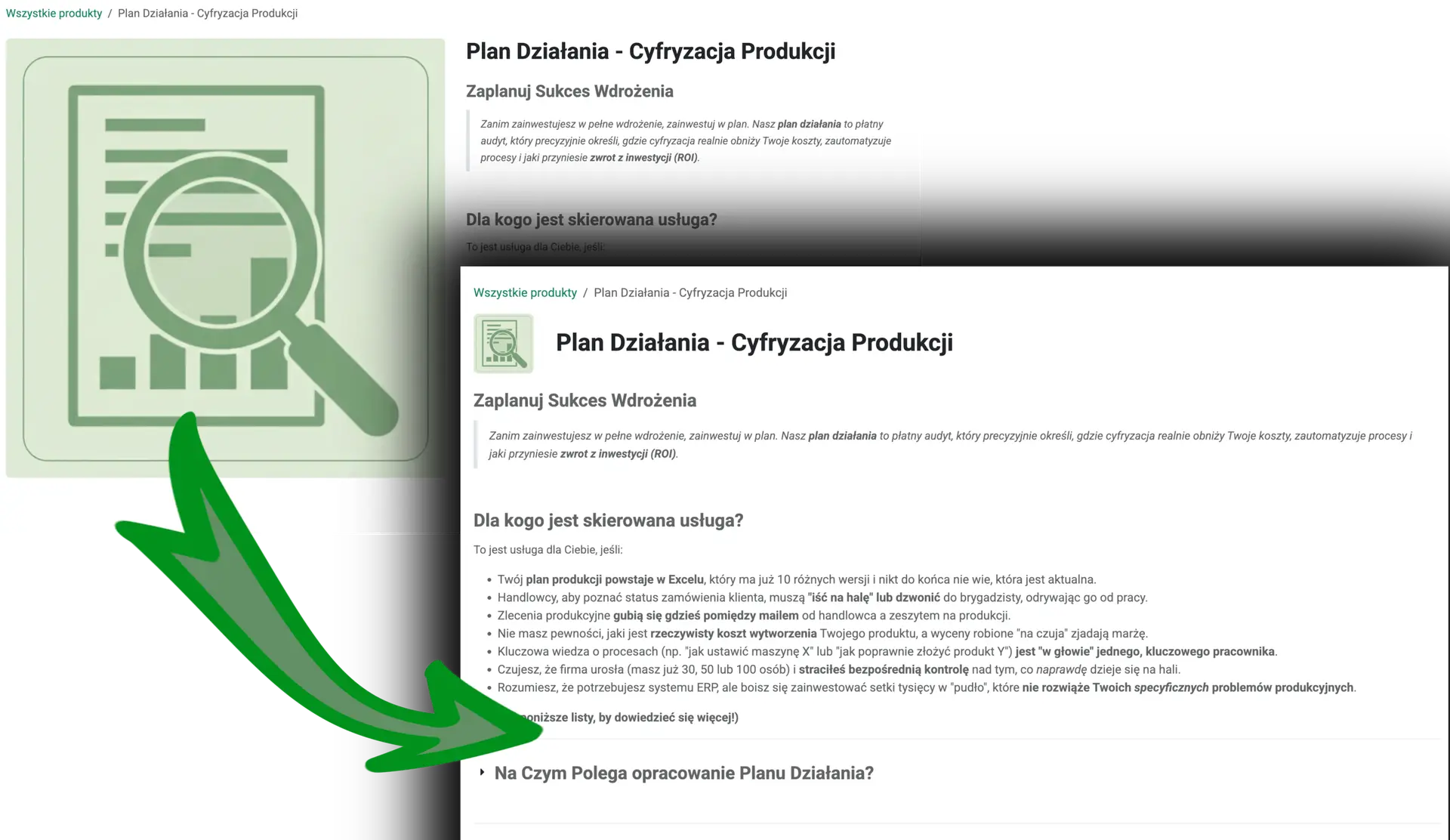 Strona produktu Odoo przed (duże zdjęcie) i po (małe zdjęcie w rzędzie z tytułem) dodaniu szablonu.