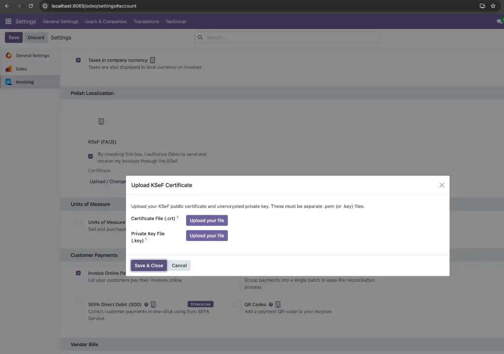 Widok konfiguracji certyfikatów KSeF w Odoo (branch testowy - jeszcze nie dostępny w wersji głównej).