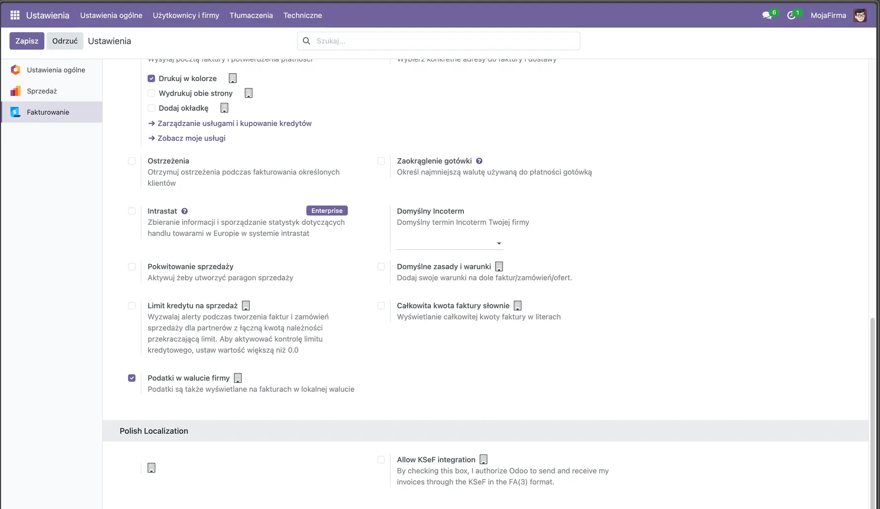 KSeF module configuration view in Odoo – disabled in this case.
