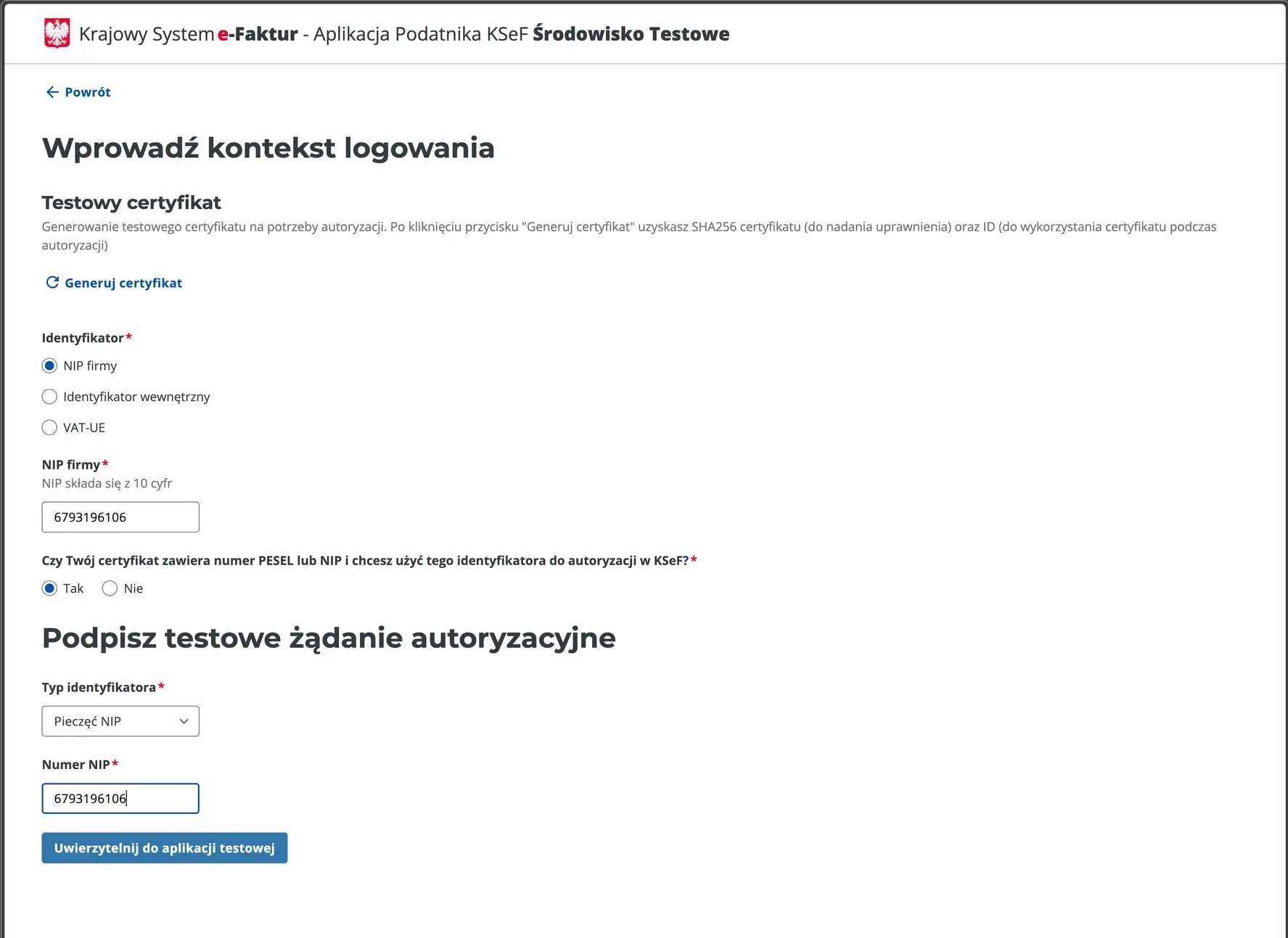 KSeF login form – authentication via Tax ID (NIP).