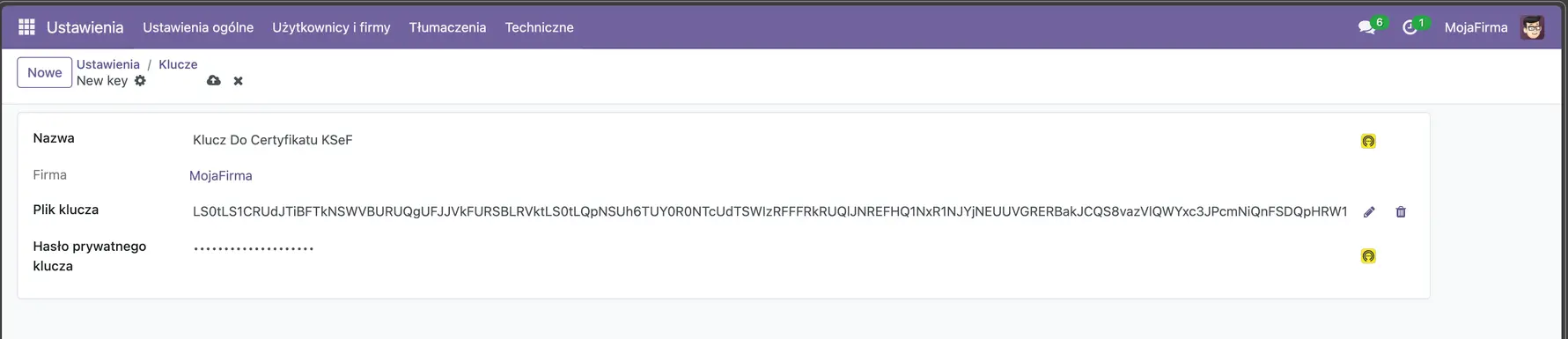 KSeF Private Key configuration in Odoo – view after configuration.