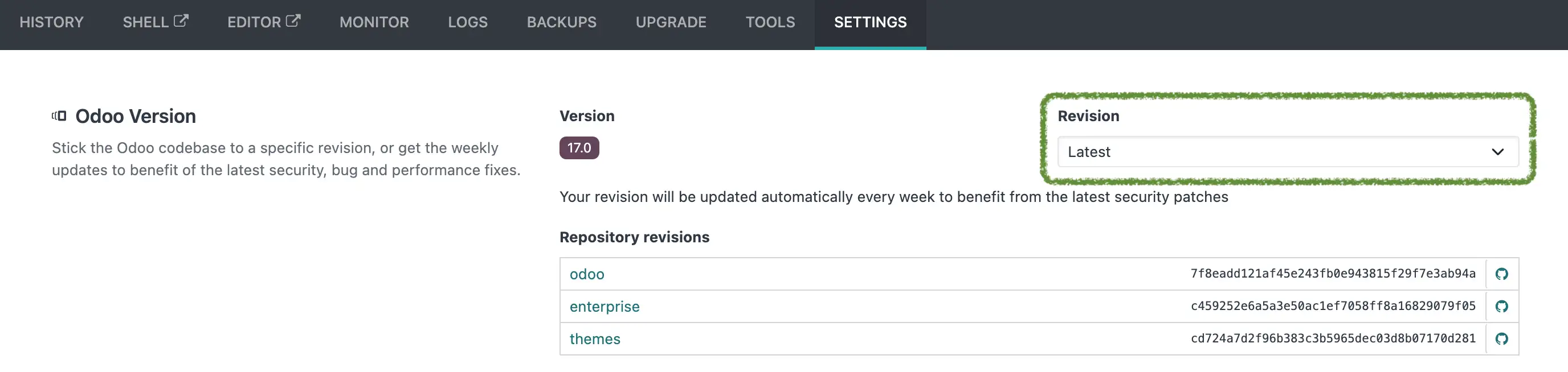 Ustawienie Revision w panelu Odoo.sh - wersja 17.0 ustawiona na "Latest"